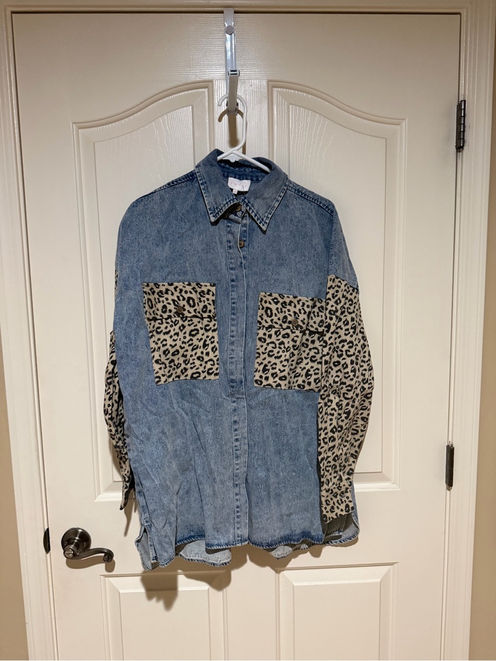 entro Blue Denim Button-Down Shacket with Leopard Print Panels